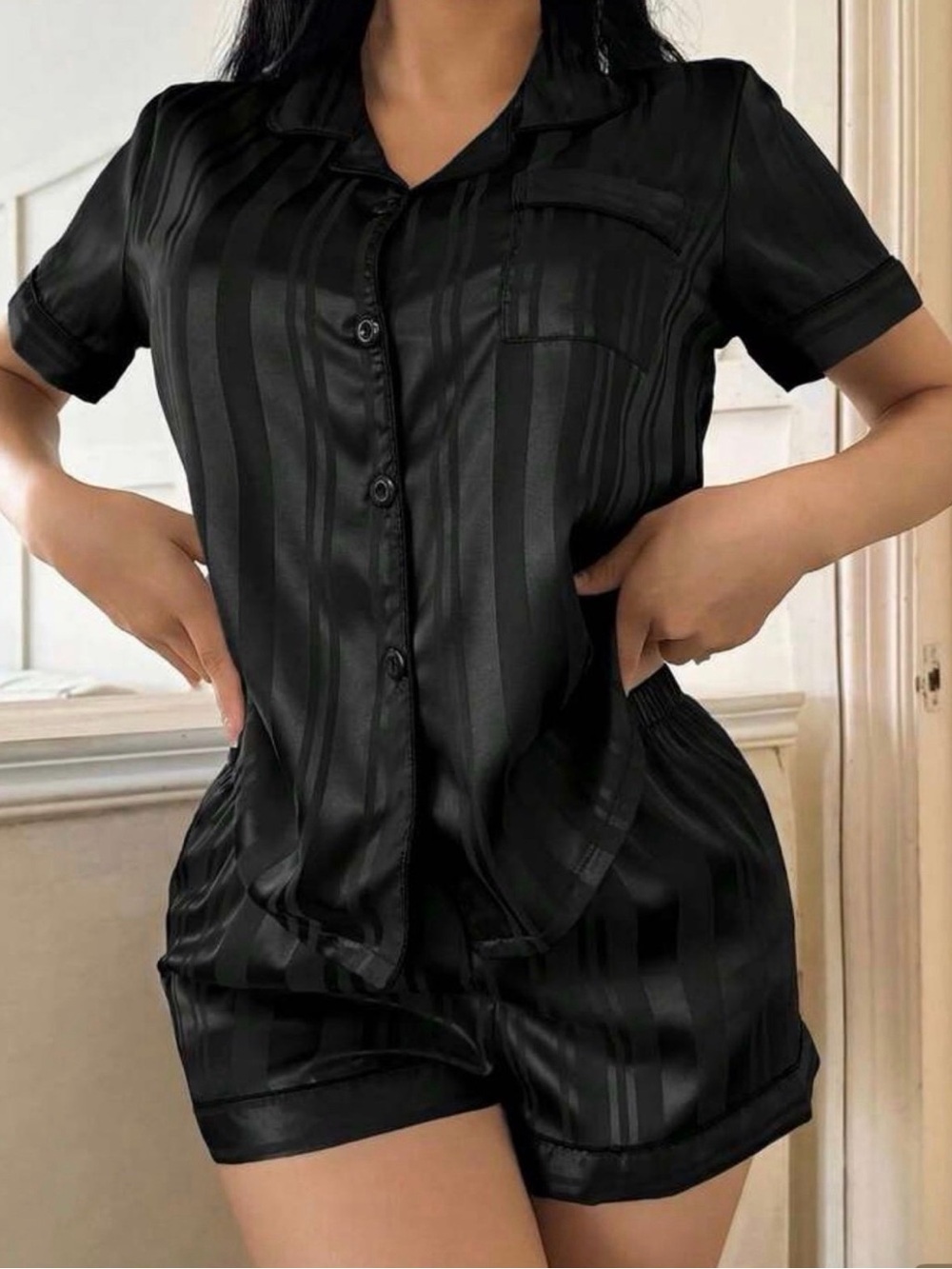 SHEIN Black Satin Short Sleeve Stripe Pajama Set